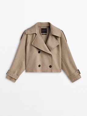 MASSIMO DUTTI Cropped Double Faced Wool Blend Trench Coat Camel Tan Size Medium